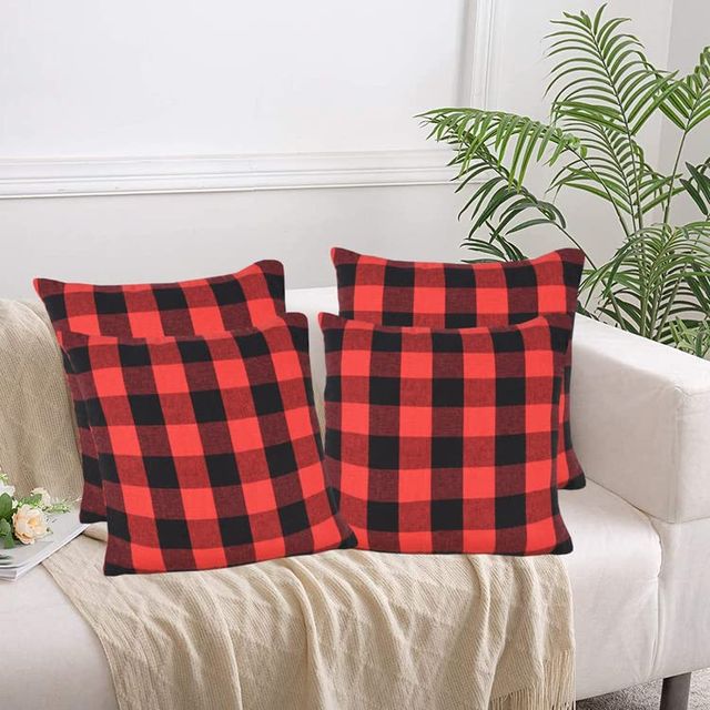 Lushomes Cushion Covers - Red-Black Checks | Cotton | 16 x 16 inch