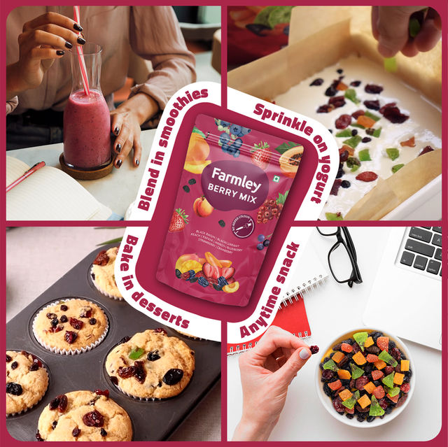 Farmley Mix Dried Berries- Cranberries, Blueberries, Strawberries, Black Raisins, Peach & More 200 g X 2 Combo