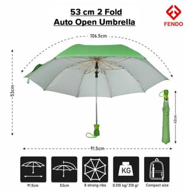 Fendo Black 2 Fold Polyester Umbrella - 21 inch