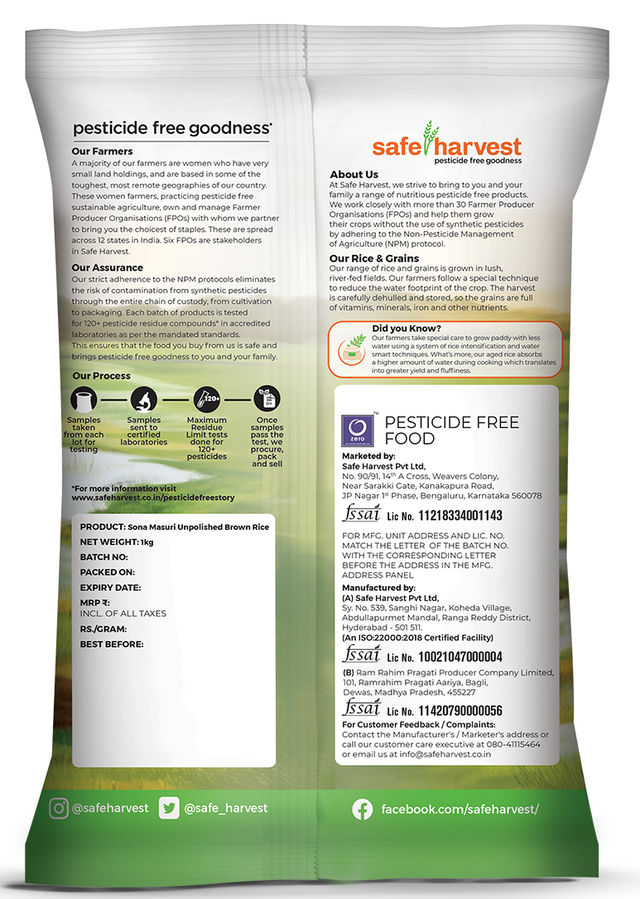 Safe Harvest Pesticide Free Sonamasuri Unpolished Brown Rice| Arsenic Free