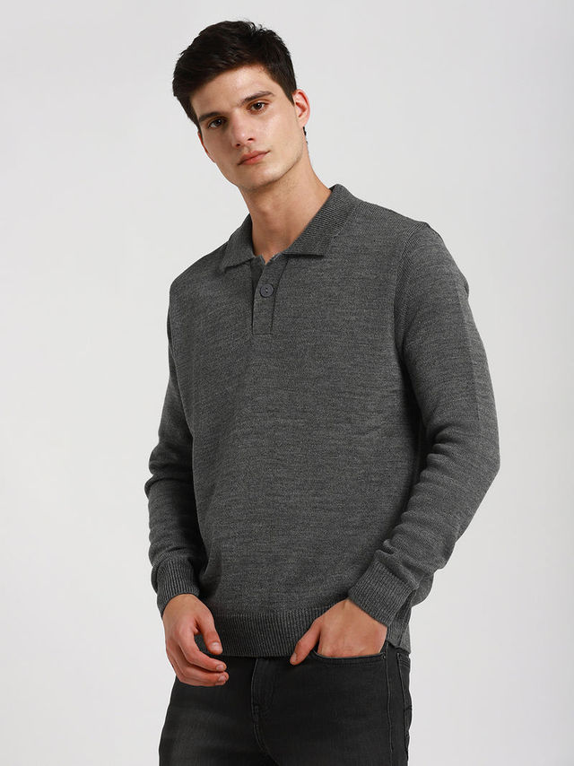 Dennis Lingo Men's Collar Regular Fit Solid Sweater | Mid Grey Melange | L