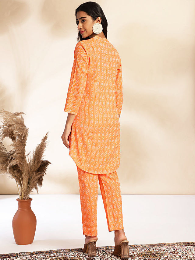 Janasya Women's Orange Pure Cotton Woven Design Regular Co-ord Set - XL