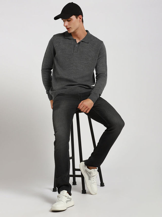 Dennis Lingo Men's Collar Regular Fit Solid Sweater | Mid Grey Melange | L