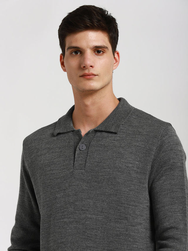 Dennis Lingo Men's Collar Regular Fit Solid Sweater | Mid Grey Melange | L