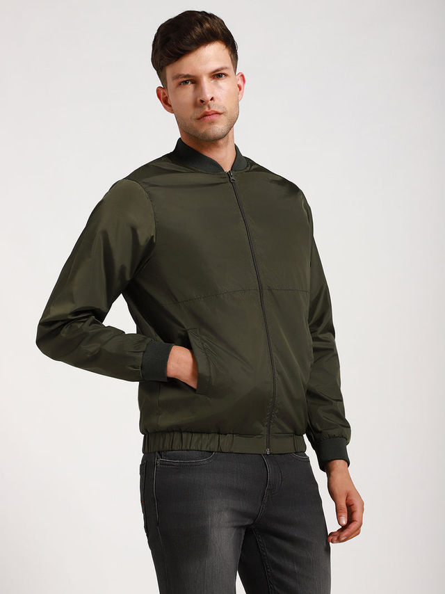 Dennis Lingo Men's Rib Collar Regular Fit Solid Green Jacket | Dlmjkw23022 - Gn | L