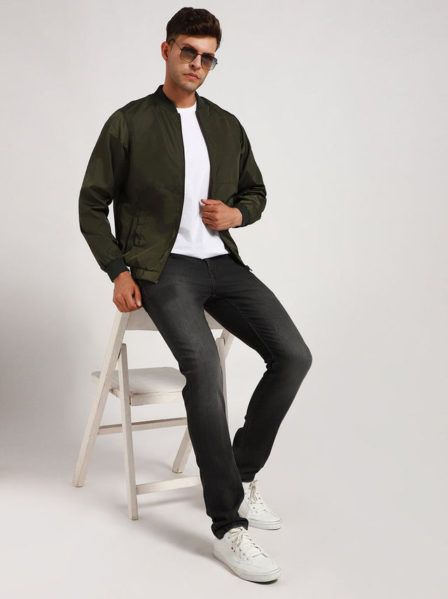 Dennis Lingo Men's Rib Collar Regular Fit Solid Green Jacket | Dlmjkw23022 - Gn | L