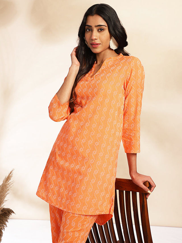 Janasya Women's Orange Pure Cotton Woven Design Regular Co-ord Set - XL