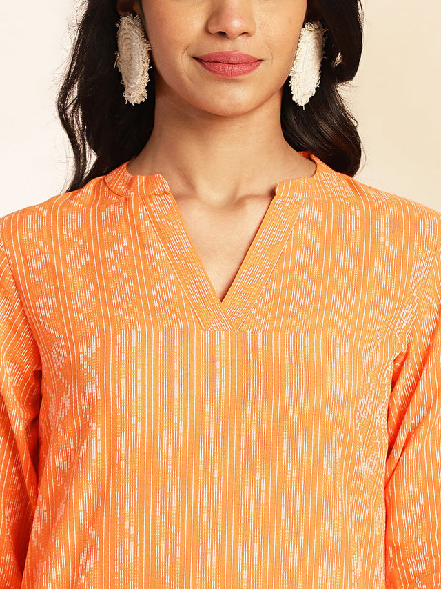 Janasya Women's Orange Pure Cotton Woven Design Regular Co-ord Set - XL