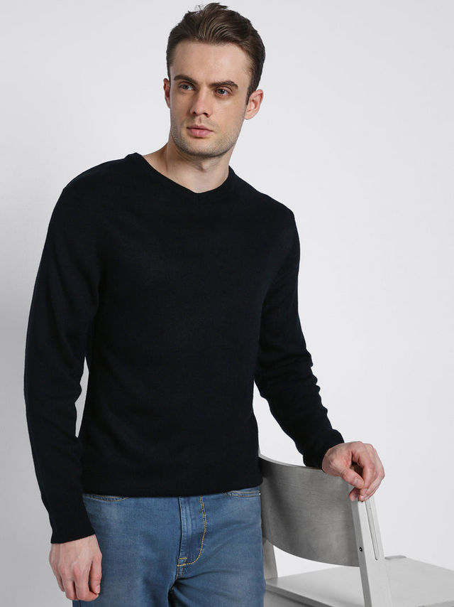 Dennis Lingo Men's' Solid V-Neck Pullover Sweater | Black | M