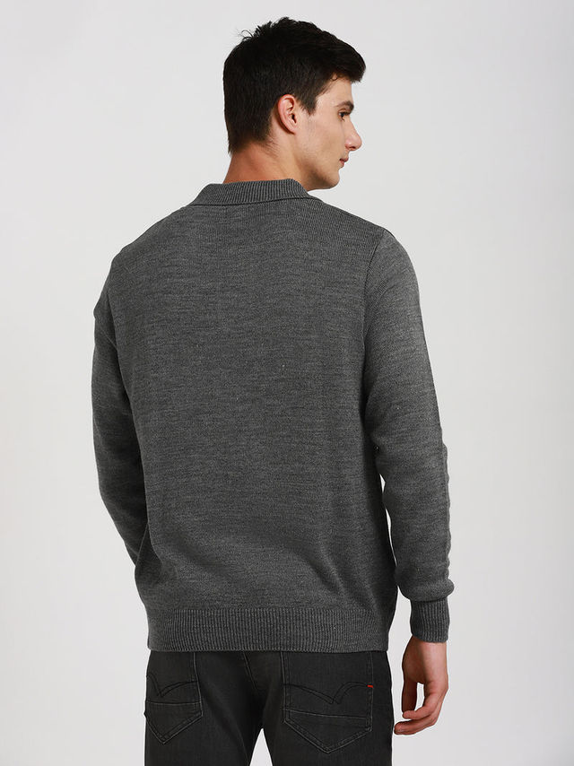 Dennis Lingo Men's Collar Regular Fit Solid Sweater | Mid Grey Melange | L