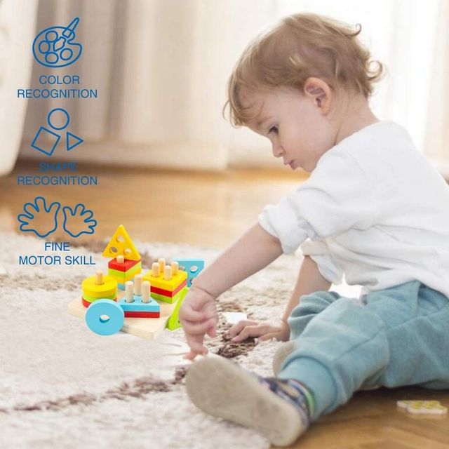 Fablue Wooden Square Shape Sorting And Stacking Blocks - Educational Learning Puzzle Toy For Kids