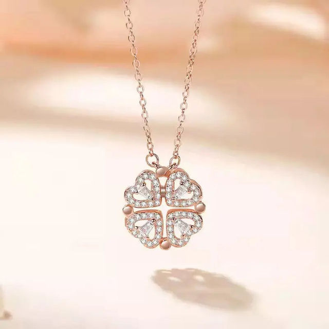 Salty Fashion Hyacinth 4-pcs Zircon Heart Magnetic Clover Necklace for Women