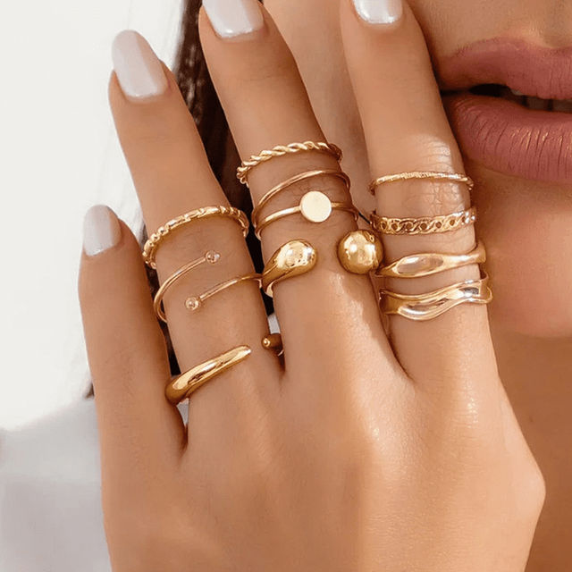Jewels Galaxy Gold Plated Geometric Twisted Waterdrop Open Ring Set