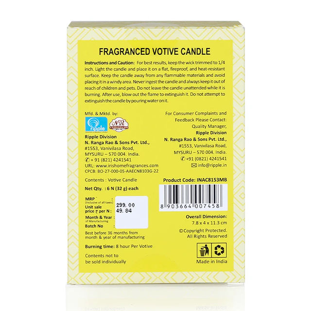 Iris Home Fragrance Mango Sorbet Scented Votive Candles Refill- Pack Of 6