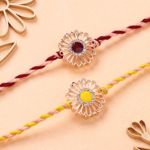 FlowerAura Rosegold Flower Pendent Zircon Rakhi Set Of 2 - Elegant and Stylish