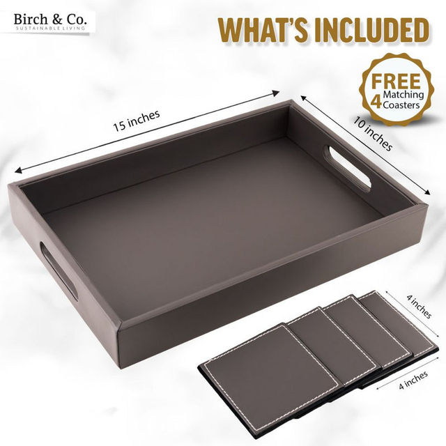Birch & Co. Leather Serving Tray - Grey With Four Free Matching Coasters