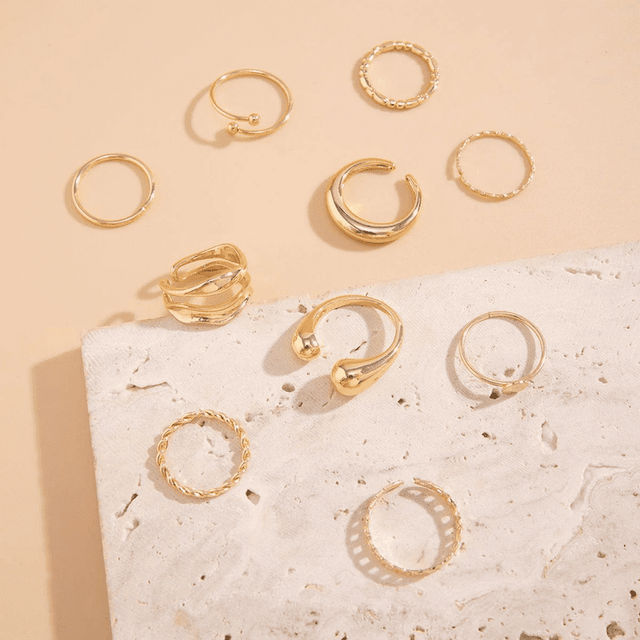 Jewels Galaxy Gold Plated Geometric Twisted Waterdrop Open Ring Set