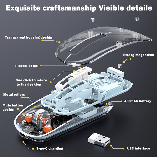 Arctic Fox Pureview Transparent Wireless And Bluetooth Rechargeable Mouse, Usb Receiver Frost White