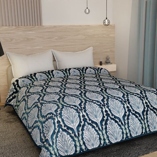 Florida Hazel Fleece Double Bed Blanket | Super Soft Flannel Fuzzy | Navy