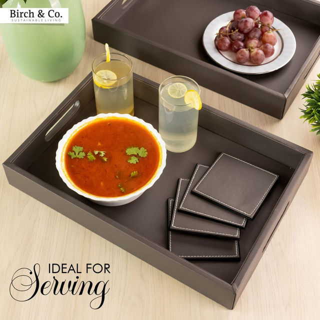 Birch & Co. Leather Serving Tray - Grey With Four Free Matching Coasters