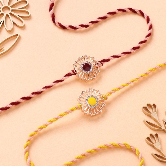 FlowerAura Rosegold Flower Pendent Zircon Rakhi Set Of 2 - Elegant and Stylish