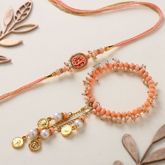 FlowerAura Bhaiya and Bhabhi Floral Rakhi - Stone and Pearl Danglings
