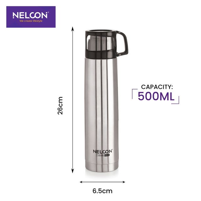 Nelcon Classy Flask 500 ml | Vacuum Flask Water Bottle| ISI Certified | Sliver