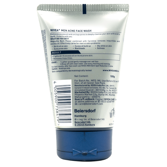 Nivea Men Acne Face Wash for Oily & Acne Prone Skin Fights Oil & Dirt with Magnolia Bark Power