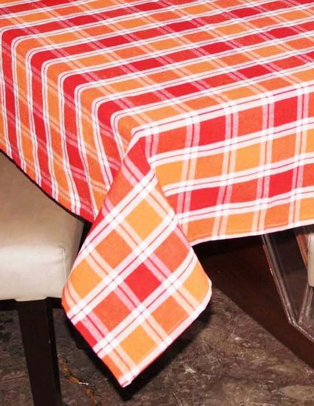 Lushomes Table Cover - Orange-Red Checks | 6 Seater Set | 1 Table Cloth | 16 x 16 inch | 7 pcs