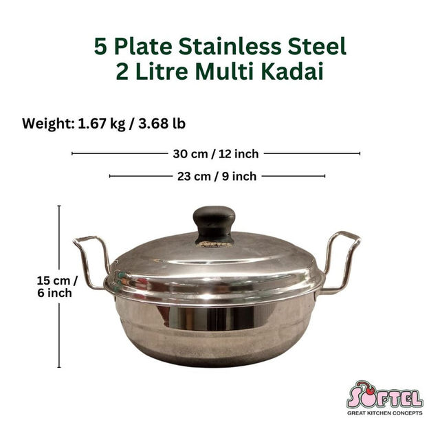 Softel�Stainless Steel Multi Kadai | 6-Pieces | Silver | 2 Litre