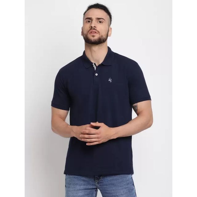 Cantabil Men's Solid Polo Neck Casual T-shirt | Navy Blue - L