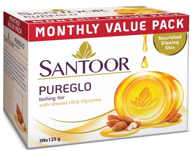 Santoor PureGlo Glycerine Bathing Bar Soap With Almond Oil for Nourished and Glowing Skin 375 g Combo