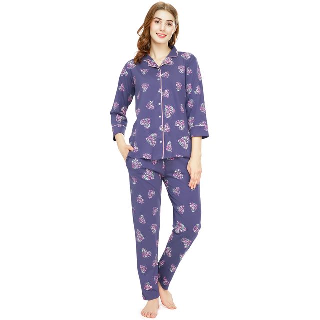 Zeyo Night Suit for Women Blue Heart Printed Cotton Night Dress | Shirt & Pajama Set 5758-BE- M
