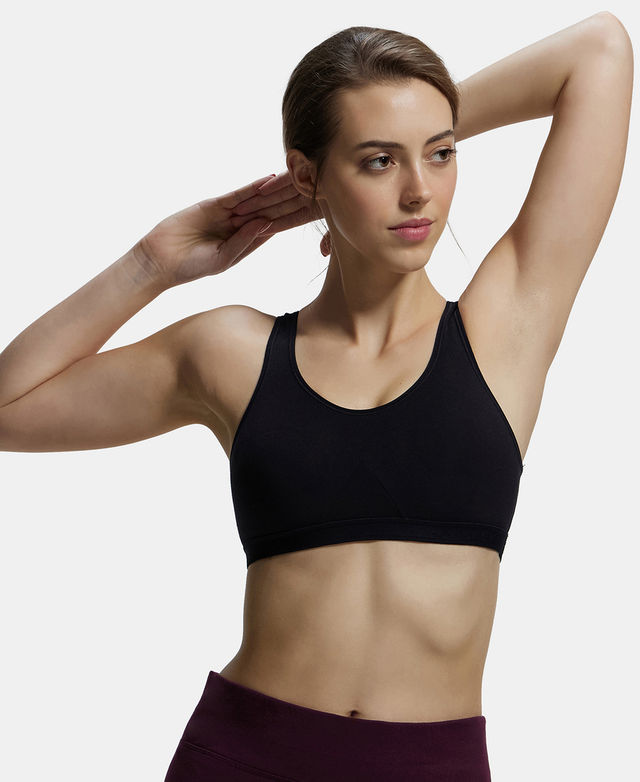 Jockey 1376 Women's Wirefree Non Padded Super Combed Cotton Active Bra|Wider Straps | Black-S