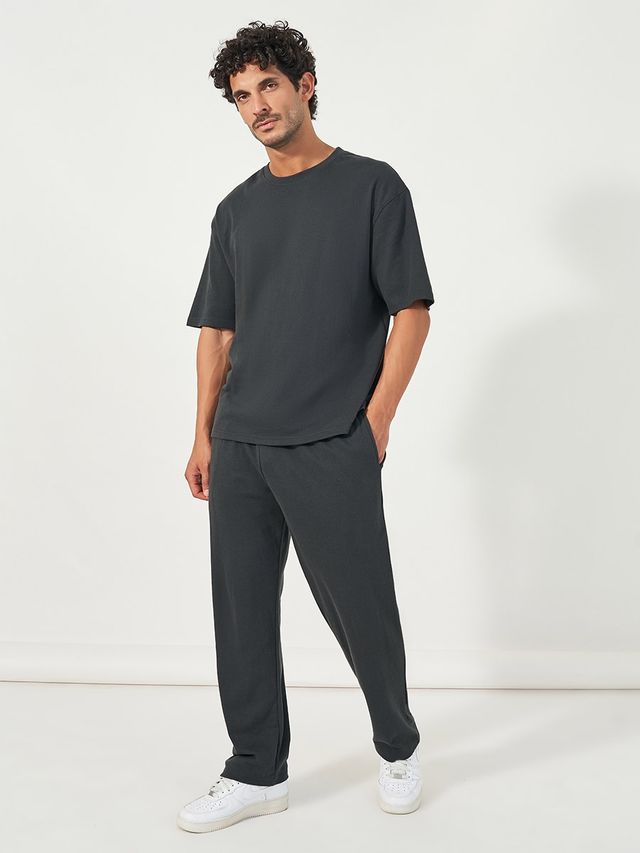 Styli Men's Oversized T-shirt and Open Hem Jogger Co-ord Set with Typographic Print | Grey - L