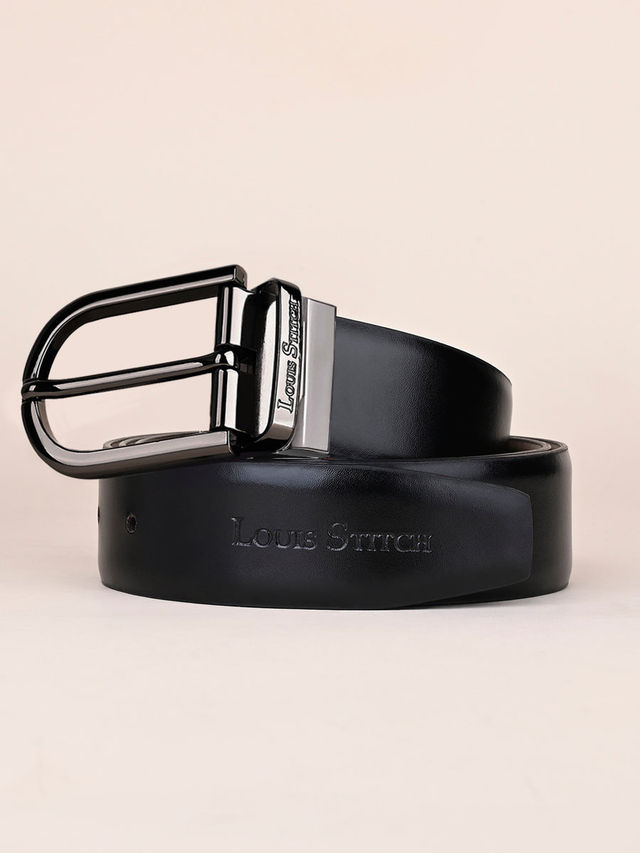 Louis Stitch Men's Solid Genuine Leather Reversible Belt | Black and Brown - 44 Inches