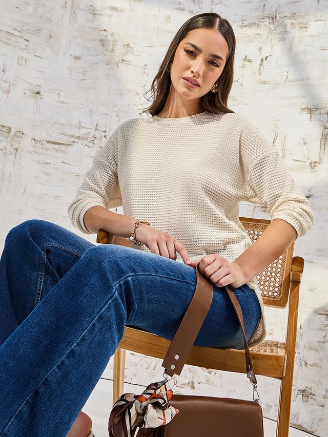 Styli Women's Oversized T-shirt with Solid Textured Fabric and Curved Hem | Beige - L