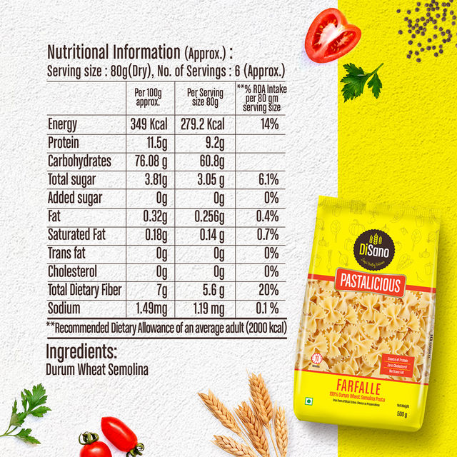 Disano Farfalle Pasta, 100% Durum Wheat, No Maida