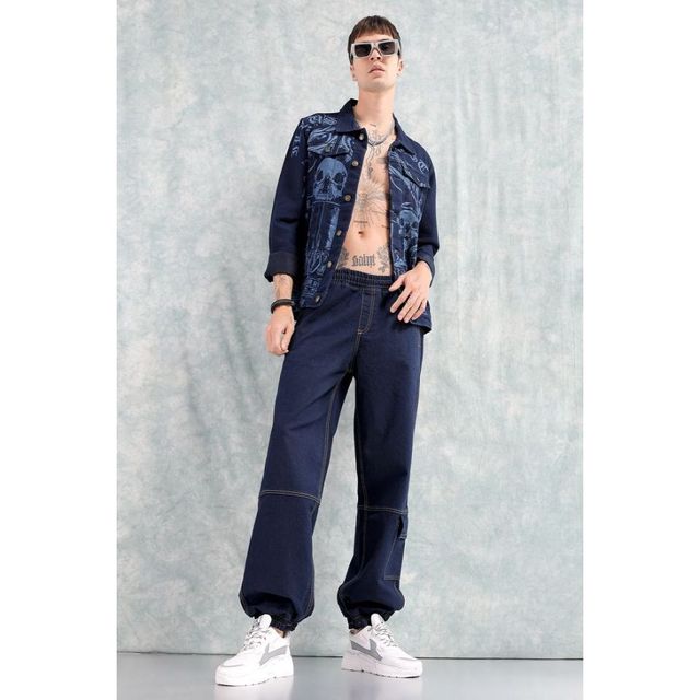 The Indian Garage Co Men's Loose Fit Solid Casual Denim Joggers | Navy | 32