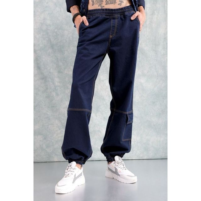 The Indian Garage Co Men's Loose Fit Solid Casual Denim Joggers | Navy | 32