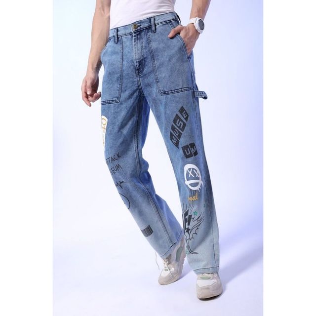 The Indian Garage Co Men's G371 Baggy Fit Solid Casual Jeans | Blue | 34