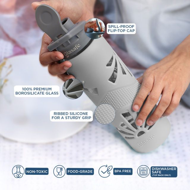 Glasafe Clear Grip Borosilicate Glass Bottle With Protective Silicone Sleeve (Soothing Slate) 750Ml