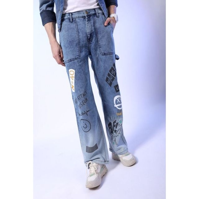 The Indian Garage Co Men's G371 Baggy Fit Solid Casual Jeans | Blue | 34