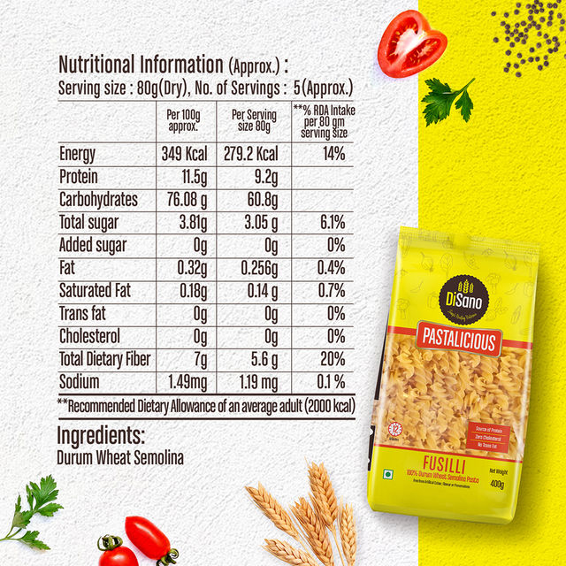Disano Fusilli Pasta, 100% Durum Wheat, No Maida