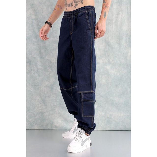 The Indian Garage Co Men's Loose Fit Solid Casual Denim Joggers | Navy | 32