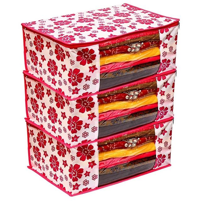 Perpetual Saree Organizer with Zip | Foldable Storage Bag | Pack of 3 | White Flower