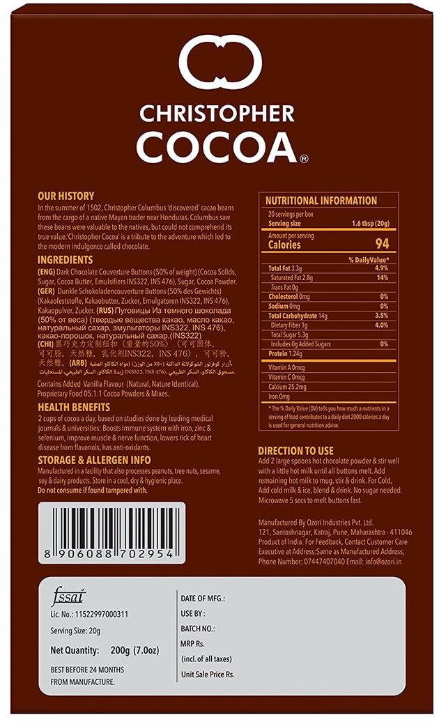 Christopher Cocoa Hot Drinking Chocolate with Dark Chocolate Buttons