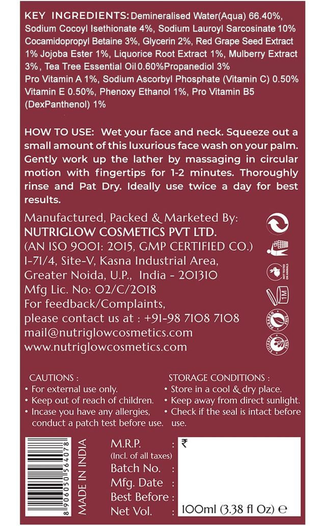NutriGlow Advanced Organics Red Wine Face Wash | Reduces Wrinkles | All Skin Types