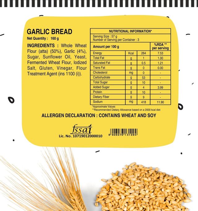 The Baker's Dozen Zero Maida Garlic Bread No Palm Oil No Preservative 100% Wholewheat