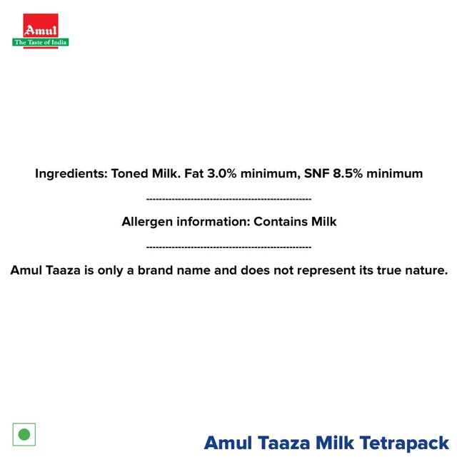 Amul Taaza Toned Homogenised Milk (Tetra Pack)